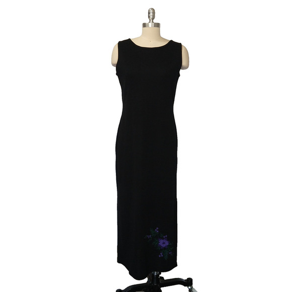 Vintage 90s Black Embroidered Maxi Dress Size M Petite Floral Knit Wool Blend - Picture 1 of 7